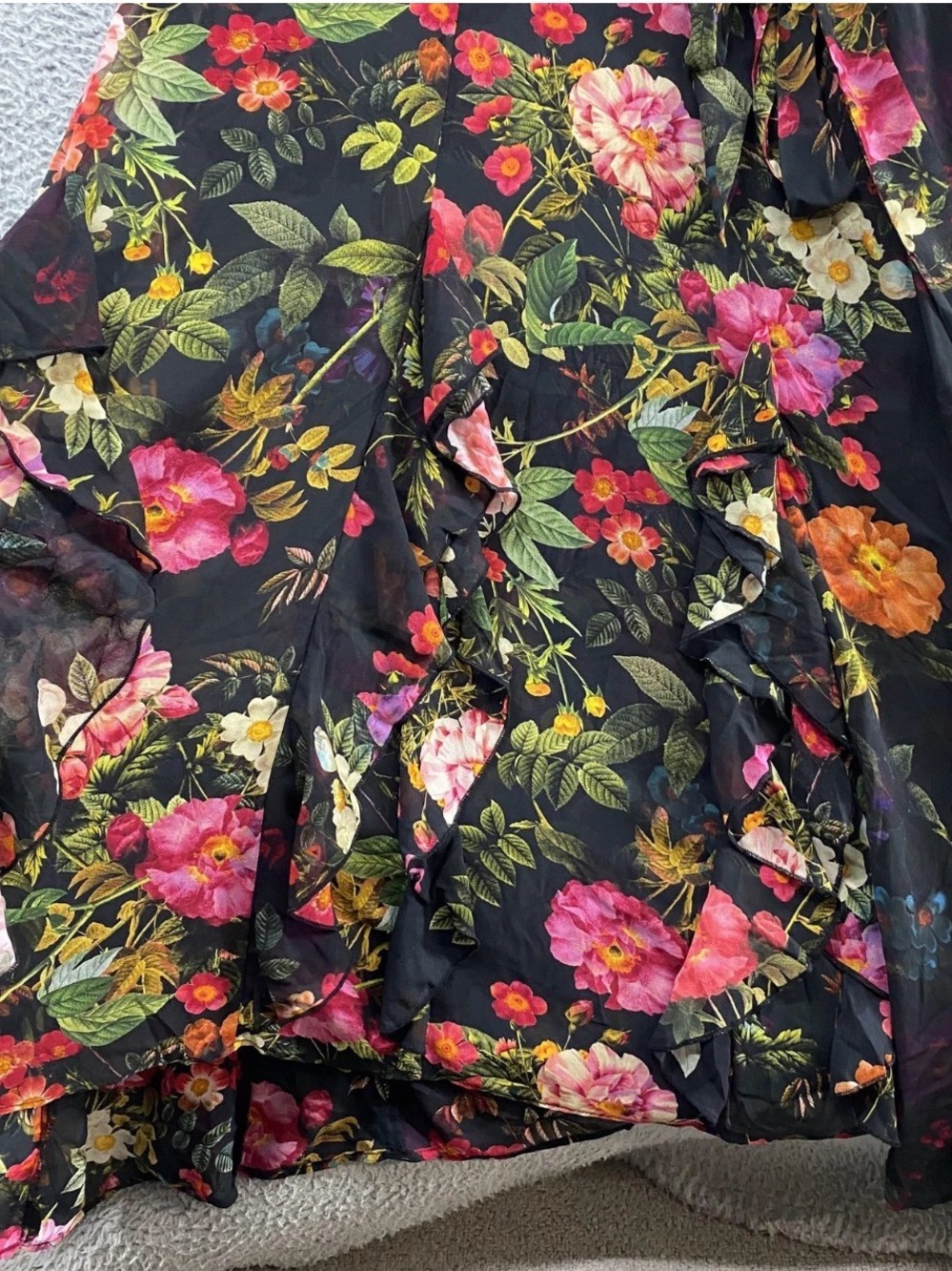 Floral Black Long Sleeve Ruffle Wrap Dress - Picture 10 of 13